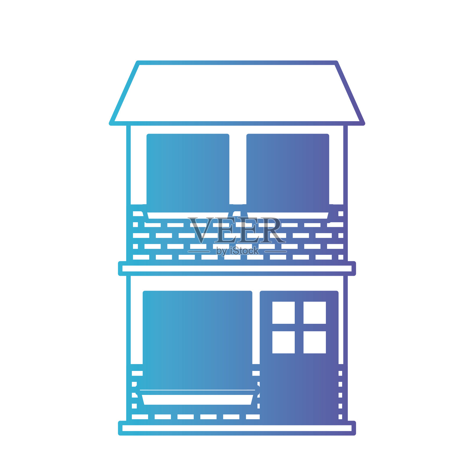 两层楼的房屋立面采用了从蓝色到紫色的渐变轮廓插画图片素材