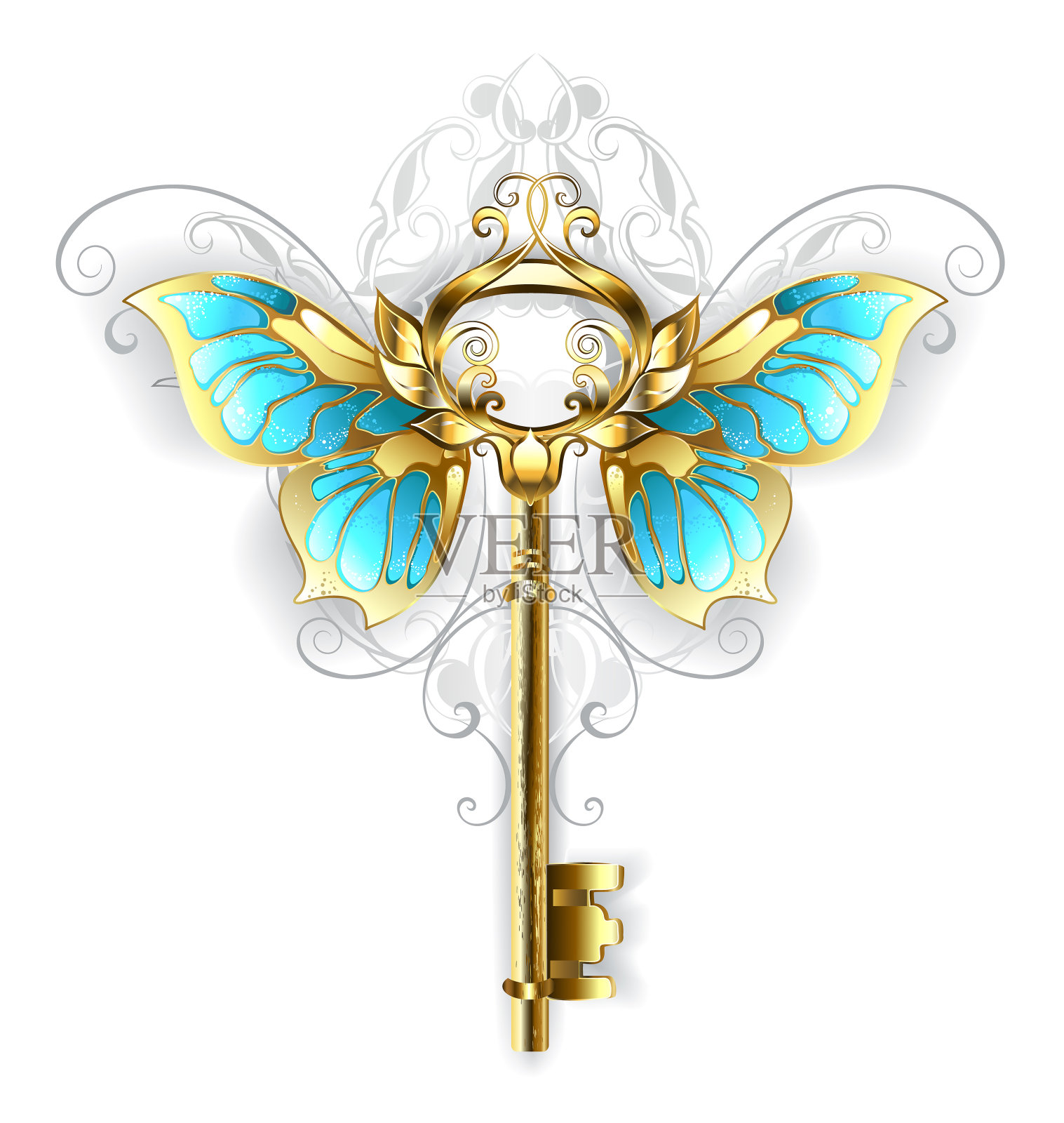 有蝴蝶翅膀的金钥匙插画图片素材