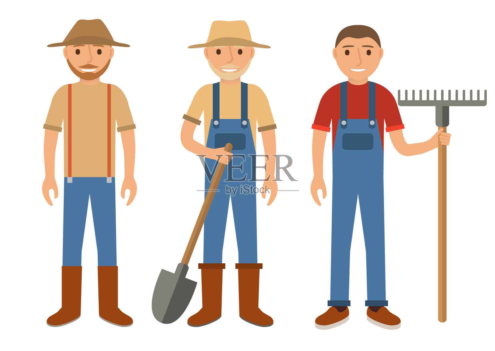 一组农民使用农具。Set men卡通人物flat风格。农民用铁锹、耙子、草帽。设计元素图片