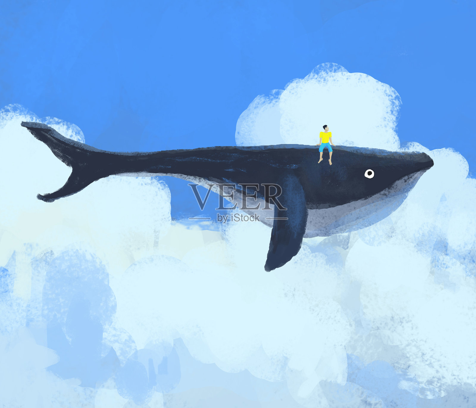 鲸鱼在云中飞翔，幻想插图。插画图片素材