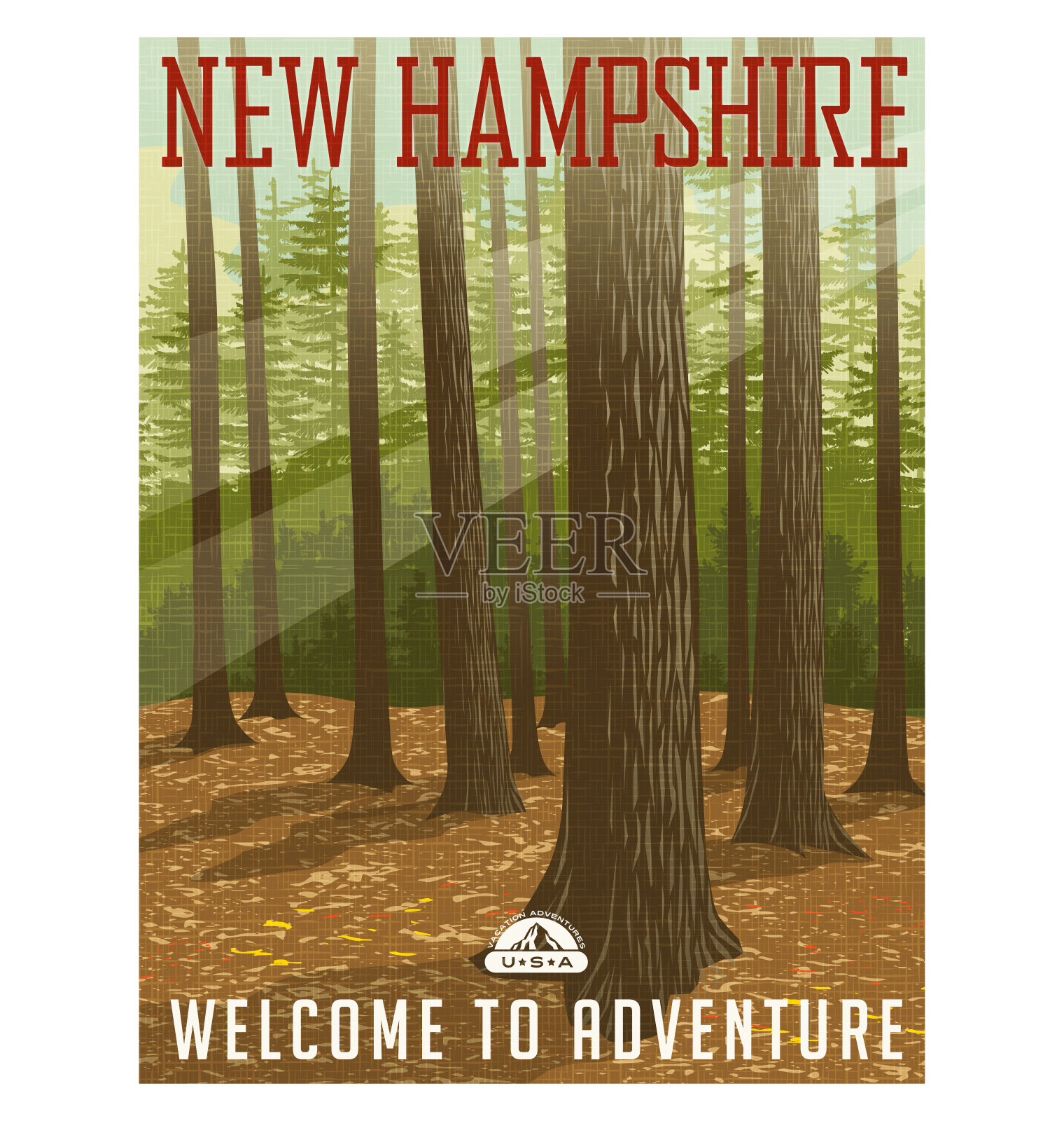 复古风格的旅行海报或贴纸。美国新罕布什尔州的森林。插画图片素材