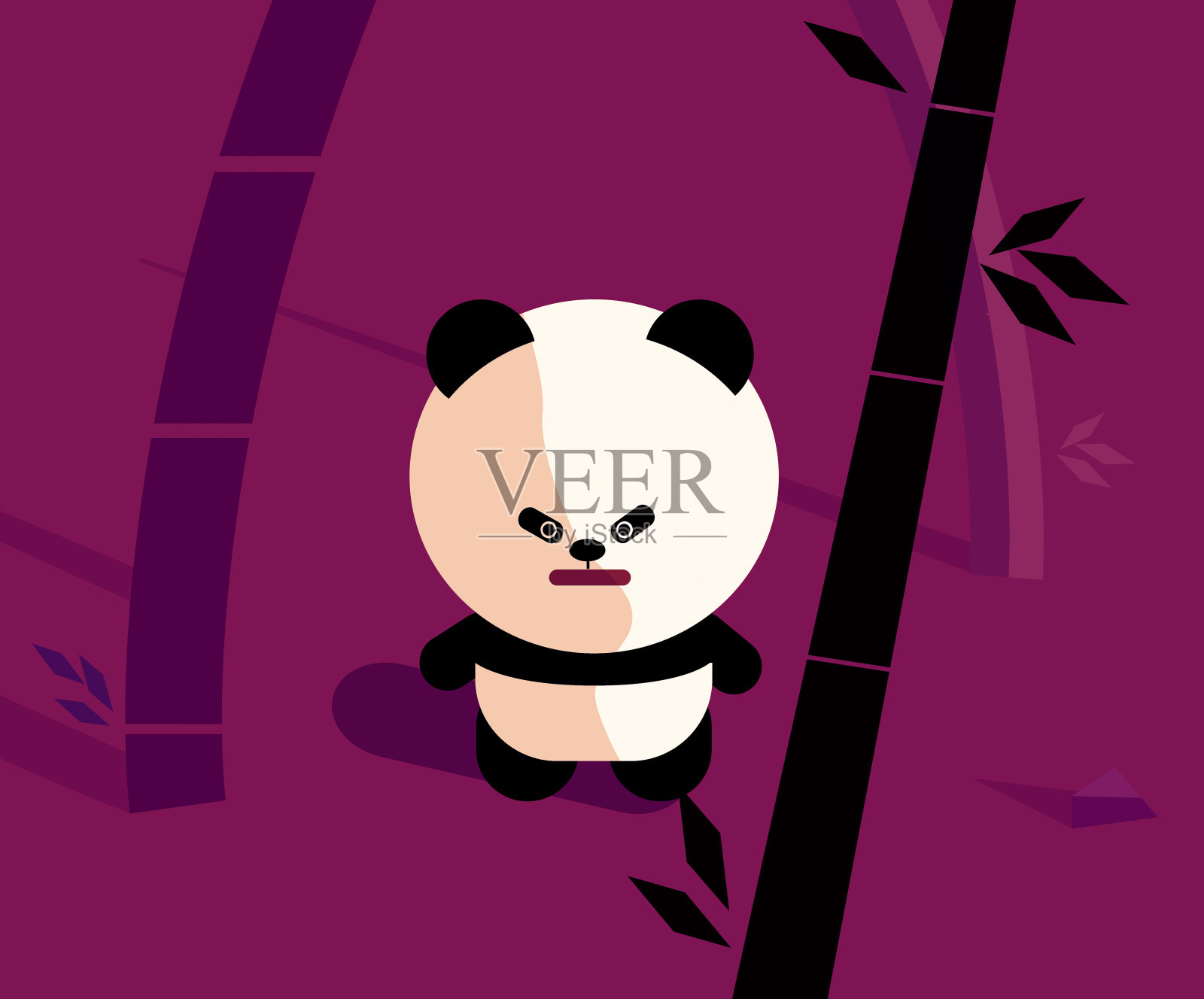 可爱的卡通熊猫在竹林插图。以竹子为背景设计熊猫形象。熊猫站在丛林里。插画图片素材
