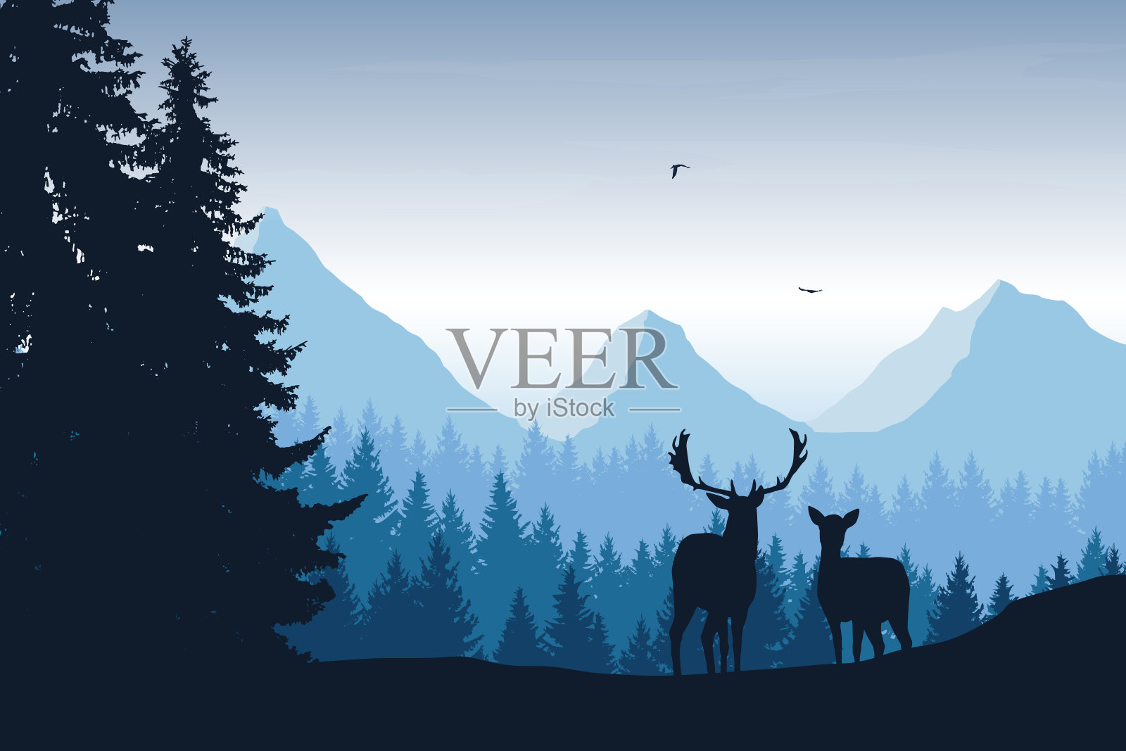现实的矢量插图的山景观与森林，鹿和鹰背景图片素材