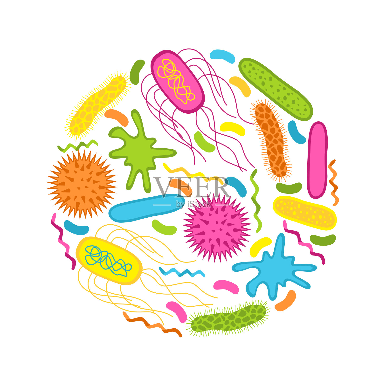 在白色背景上分离出病毒和细菌。插画图片素材