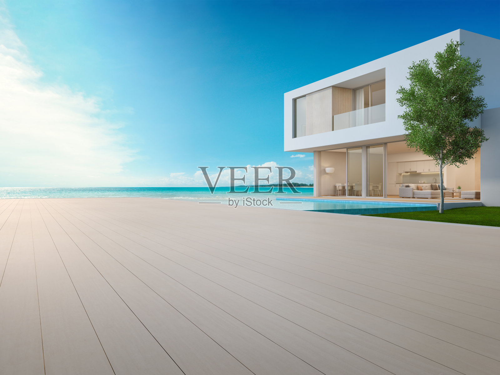 现代设计的豪华海滩别墅，带有海景游泳池和露台，度假别墅或酒店的空木地板甲板-现代度假别墅外观的3d插图照片摄影图片
