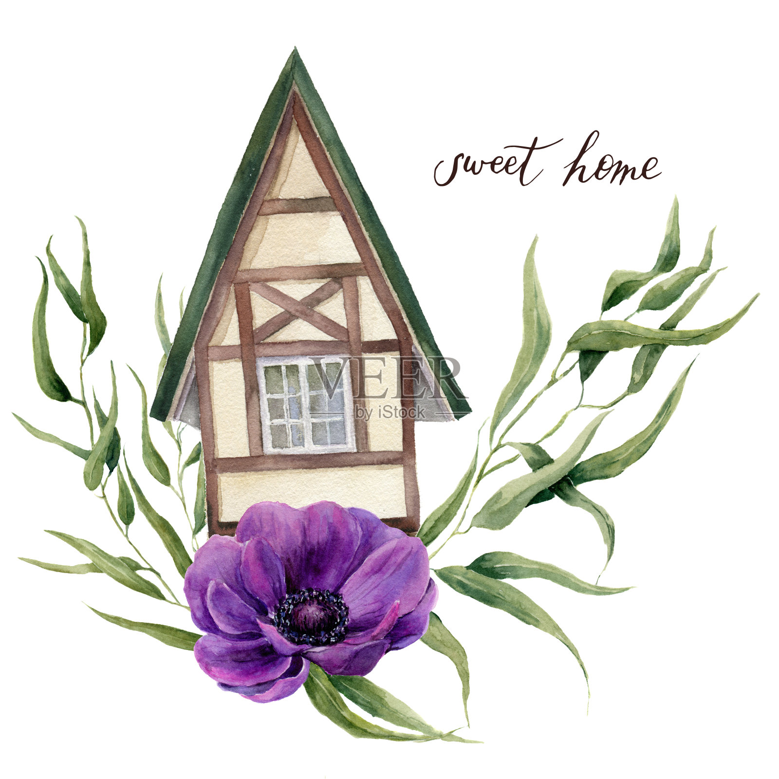 甜蜜的家水彩插图。水彩房子在阿尔卑斯风格与桉树叶和银莲花花孤立在白色的背景。手绘元素。为设计，纺织和背景。设计元素图片