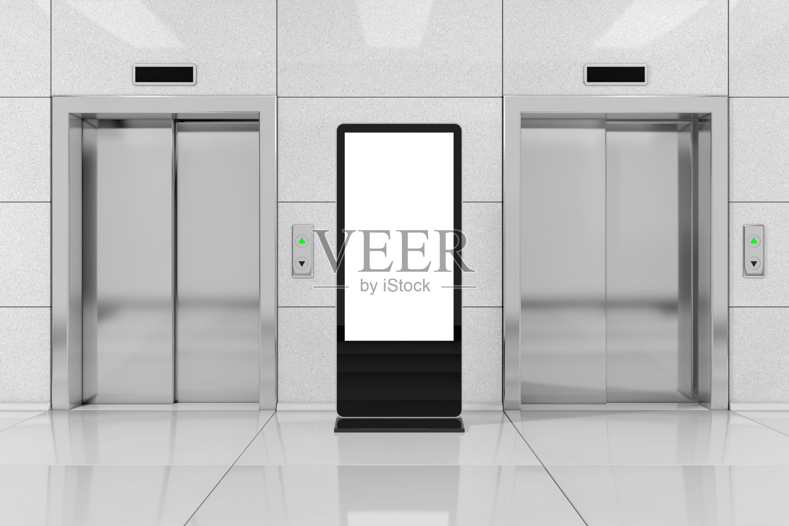 在现代电梯或办公大楼的金属门电梯附近，作为您设计的模板的空白展会液晶屏支架照片摄影图片