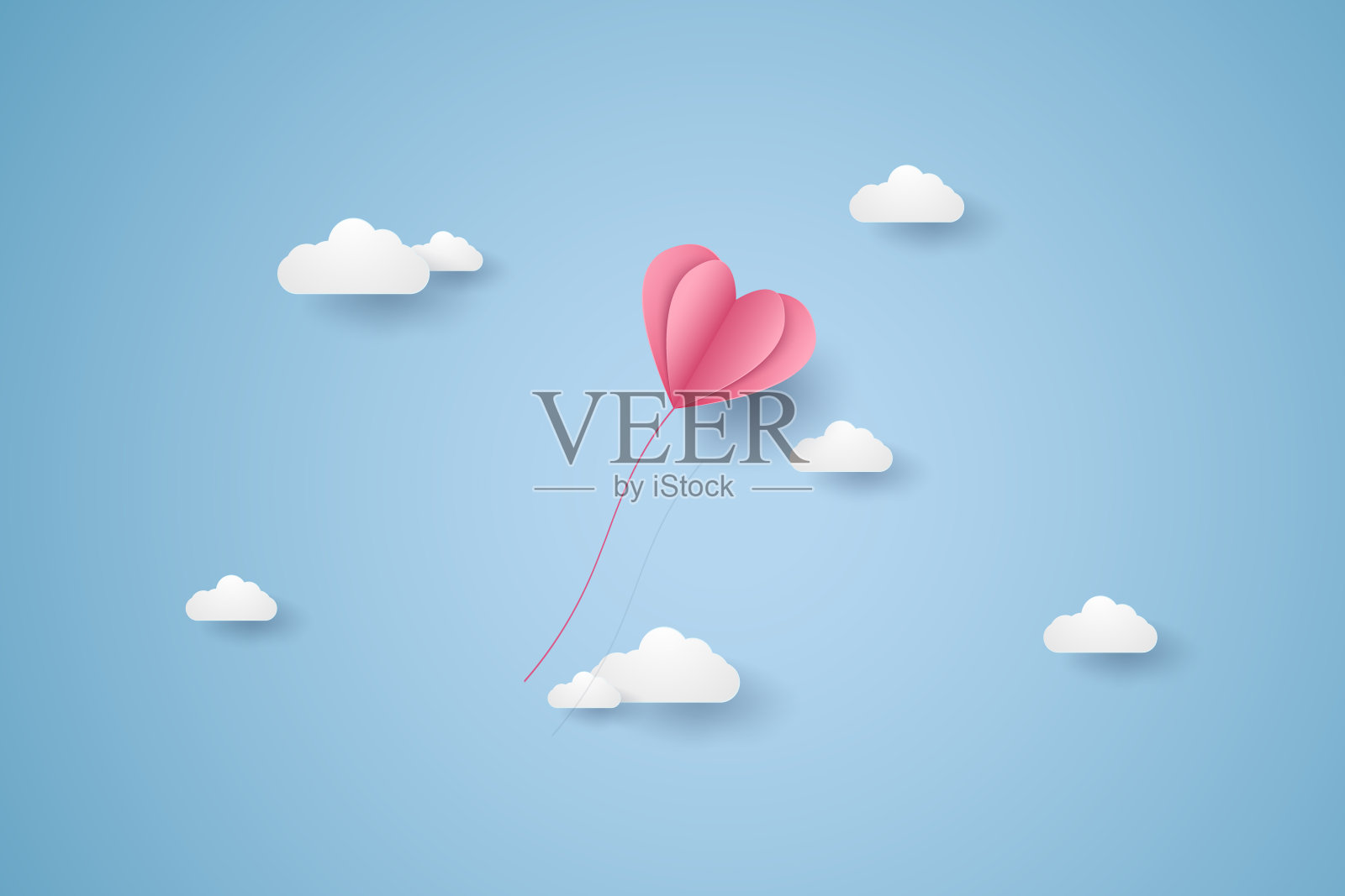 情人节，描绘爱情，粉红色的心形气球在蓝天中飞翔，纸艺术风格插画图片素材