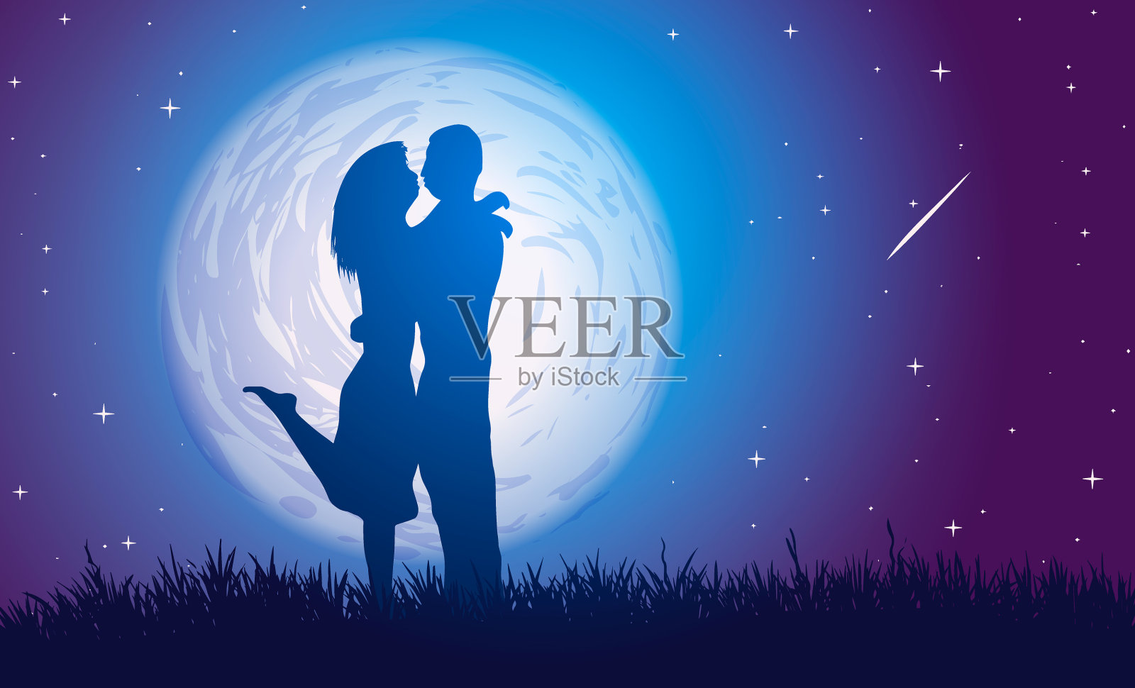 在满月和星星的背景下接吻的情侣。插画图片素材