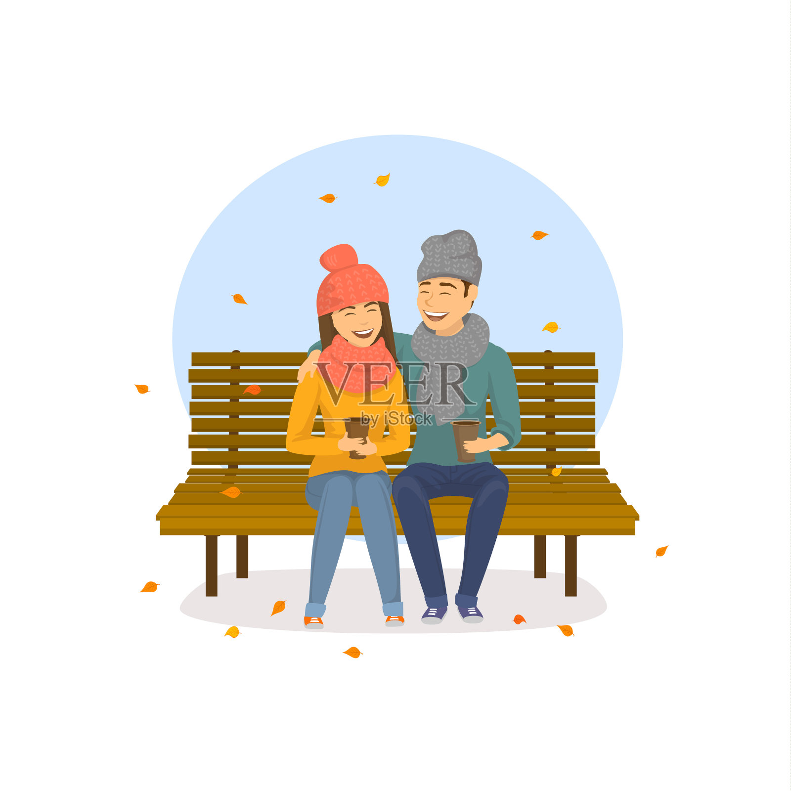 可爱浪漫的情侣坐在公园的长椅上，秋叶飘落的景象插画图片素材