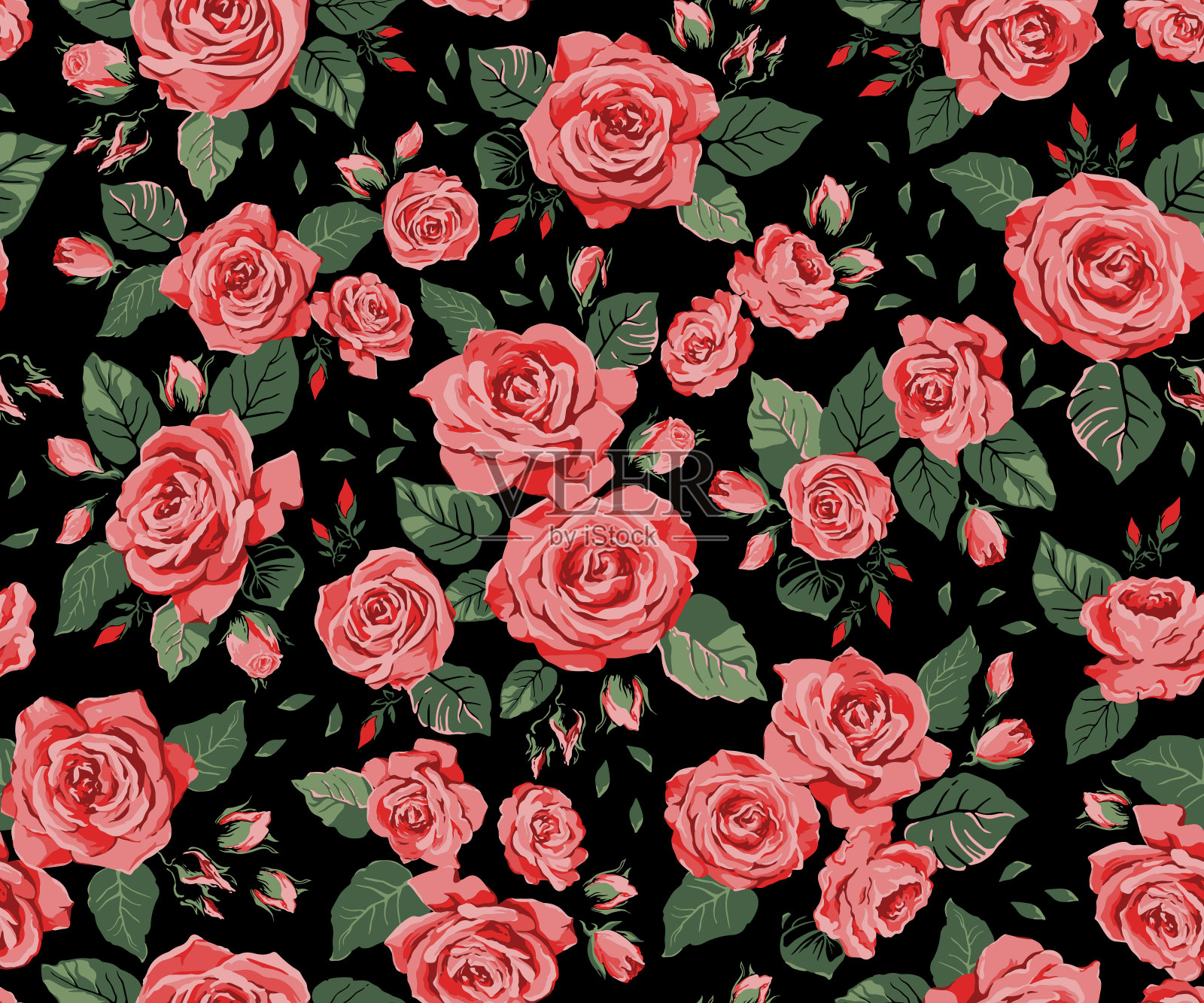 无缝模式与红玫瑰在黑色的背景插画图片素材