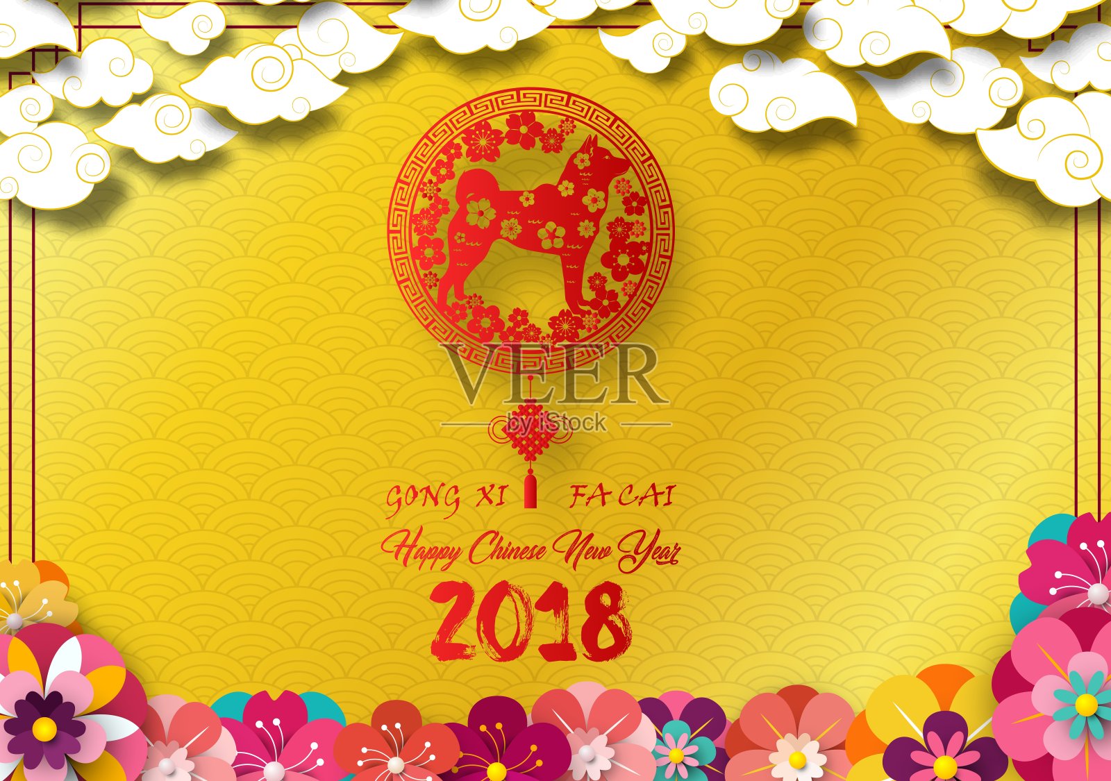 2018年中国新年贺卡，红色狗在框架和盛开的花朵在金色图案背景设计模板素材