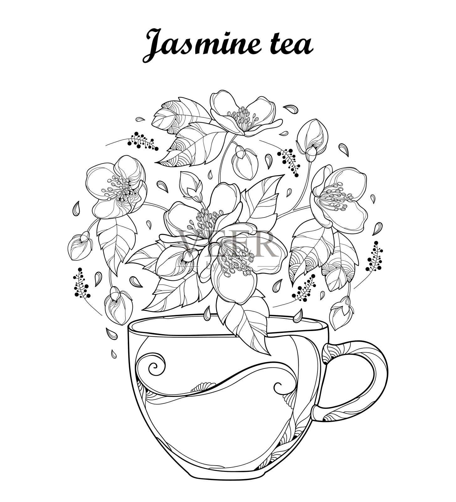 透明载体杯的茉莉花凉茶孤立在白色的背景。花的轮廓，芽和叶的黑白轮廓样式。设计元素图片