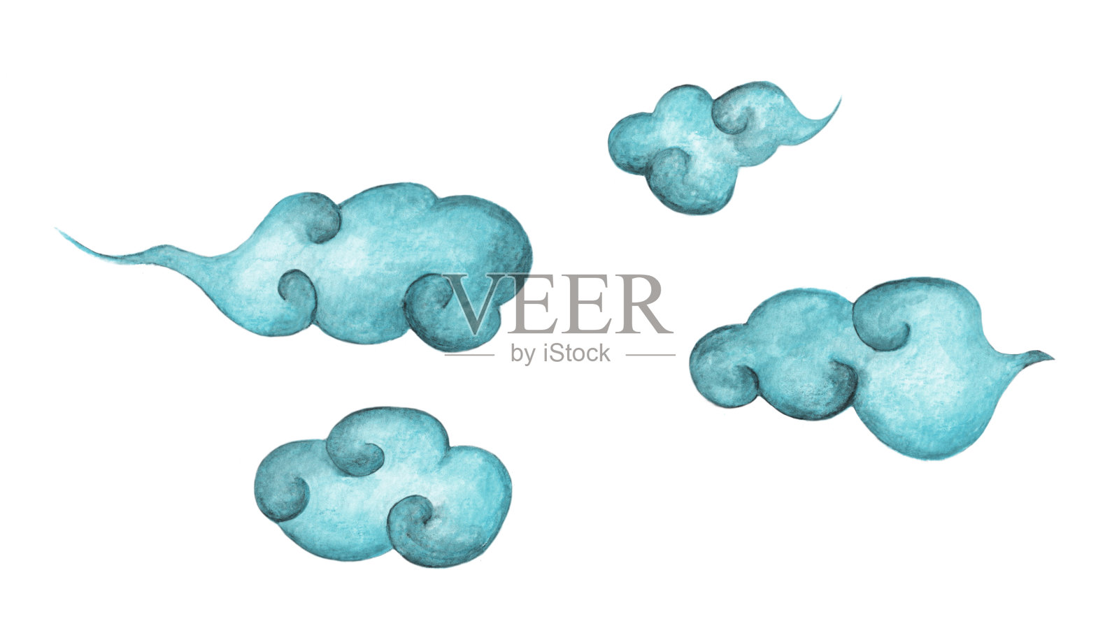 一套蓝色卡通云孤立的白色背景-手绘水彩插图。插画图片素材