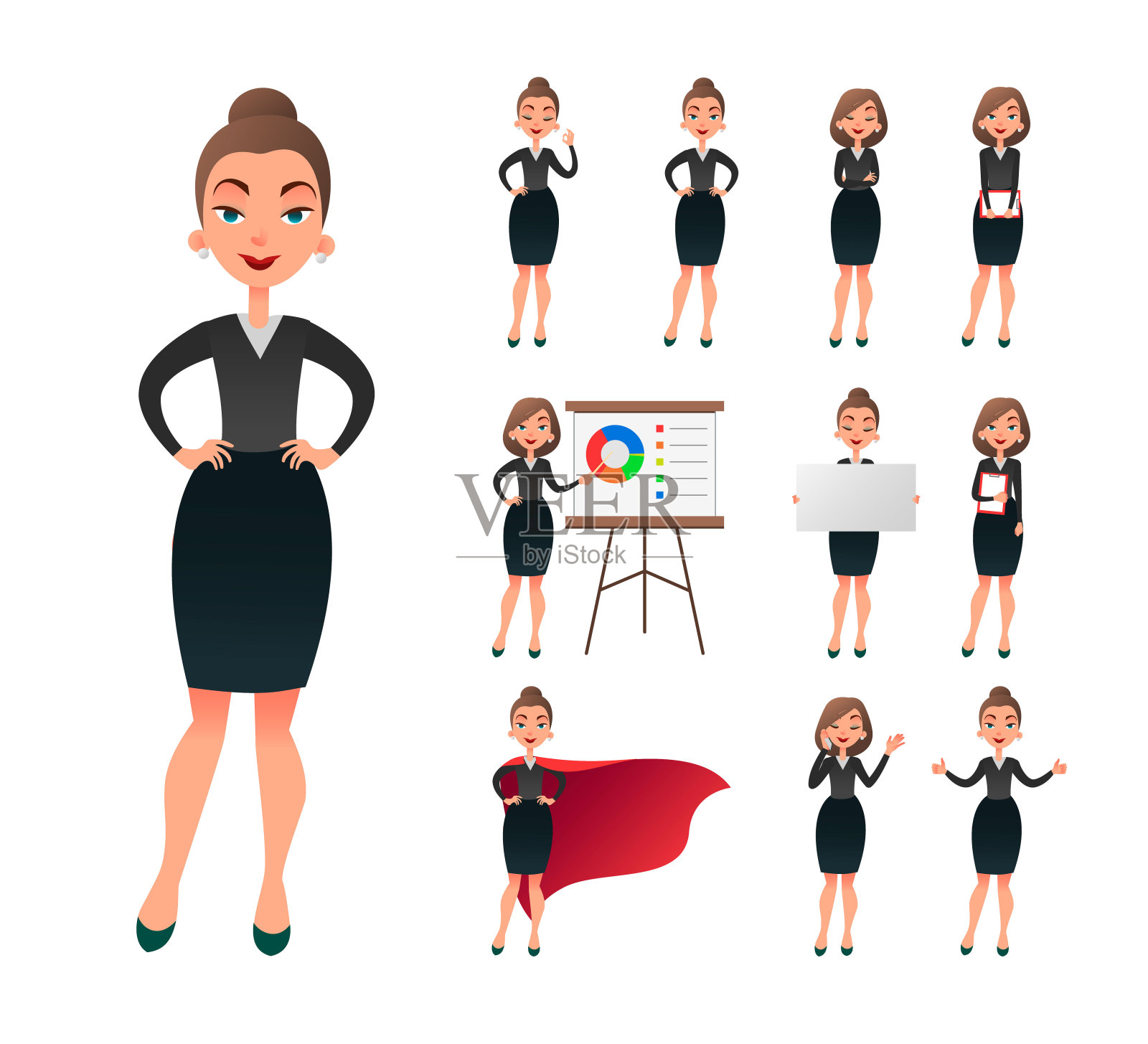 漂亮的女商人工作字符集。在办公室工作的成功女企业家。自信的年轻经理在工作场所插画图片素材