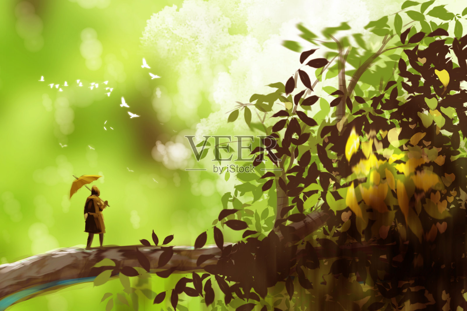 一个男人撑着伞站在巨树上，幻想风景，数码艺术风格，插画。插画图片素材