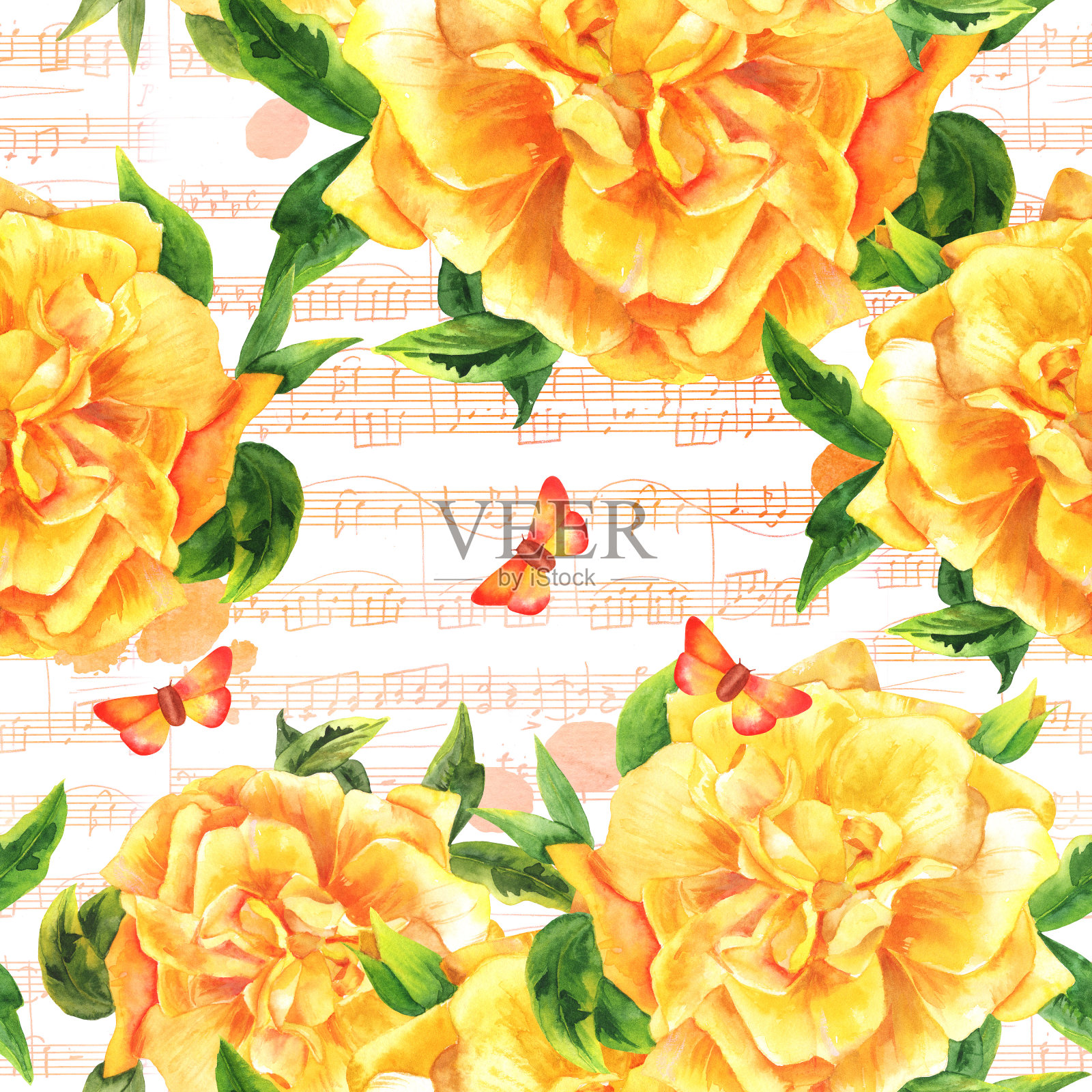 无缝水彩黄玫瑰花蕾图案白色与蝴蝶和乐谱插画图片素材