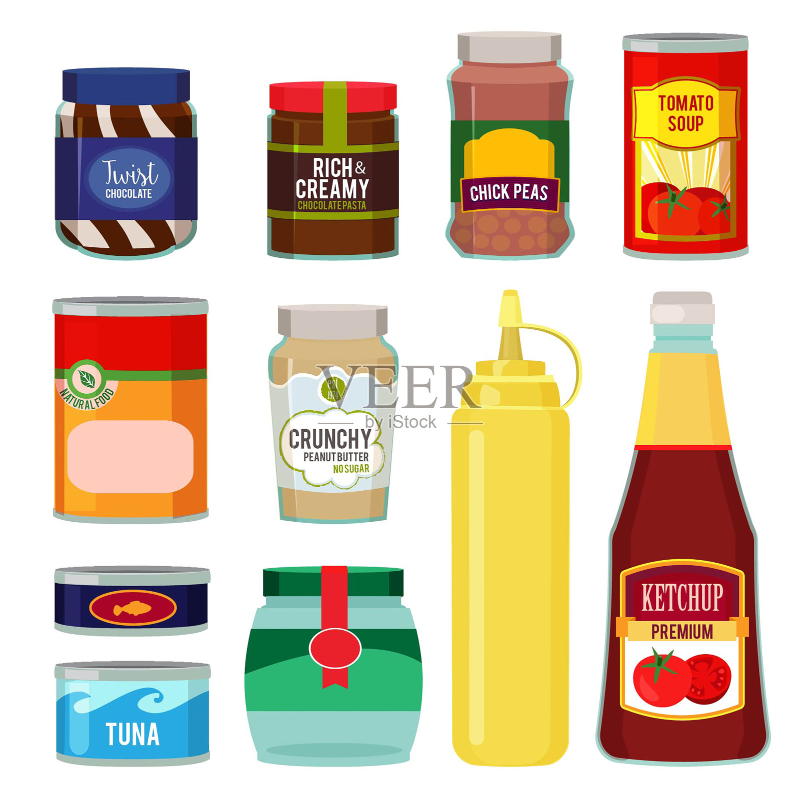罐头食品的插图。保存西红柿、鱼、蔬菜等食物插画图片素材