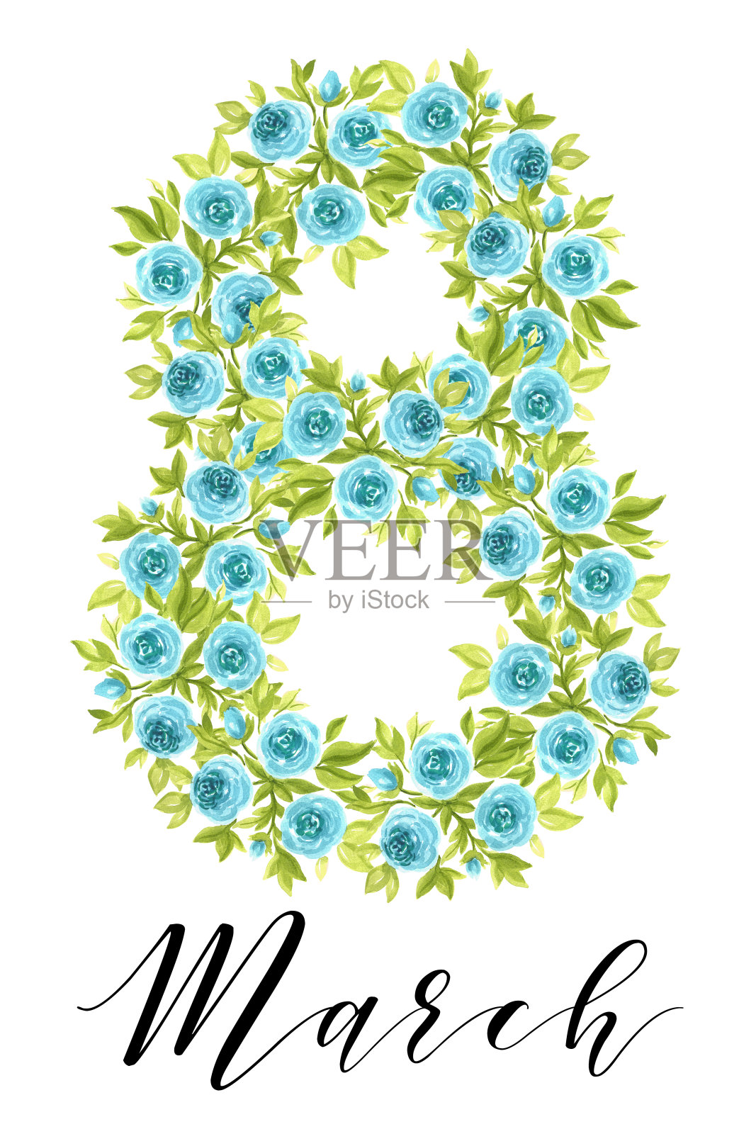 国际妇女节卡片设计。水彩蓝玫瑰和3月8日印刷插画图片素材
