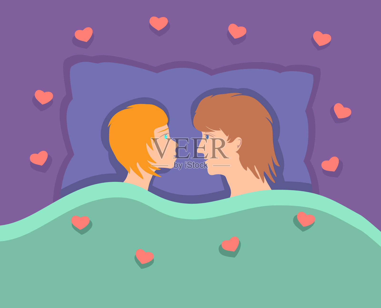 一对幸福的情侣面对面躺在枕头上。插画图片素材
