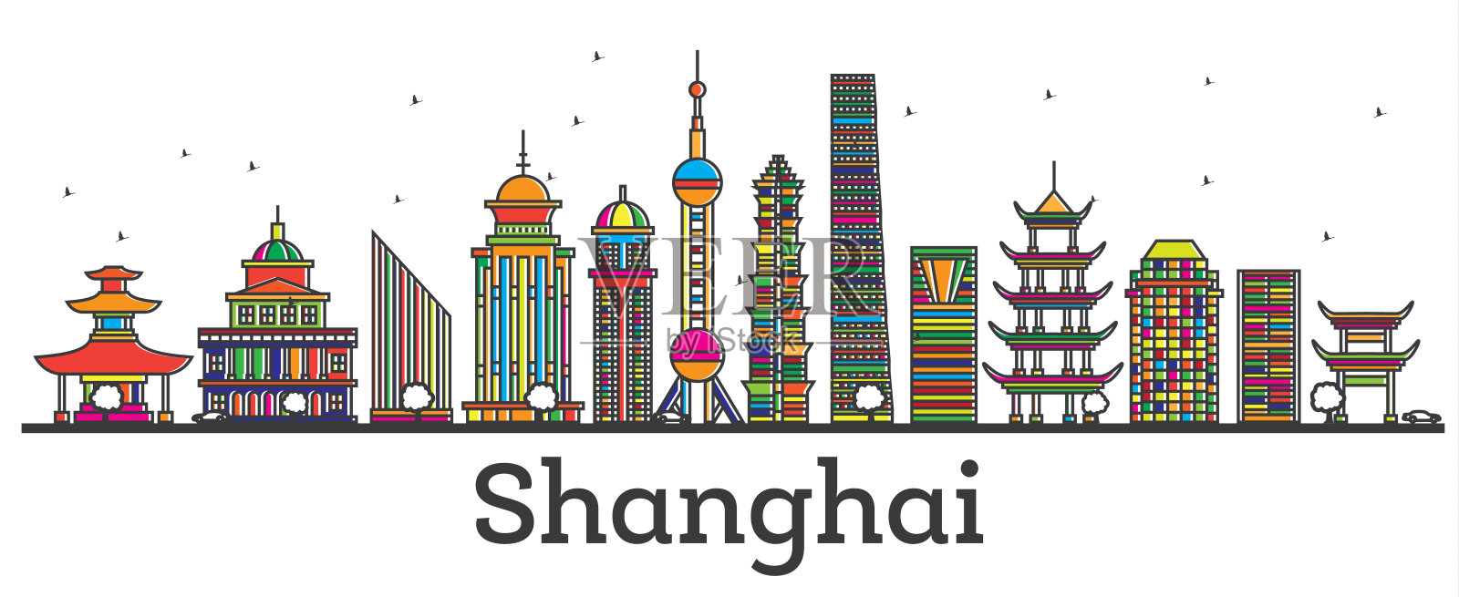 用白色隔离的现代建筑勾勒出上海中国城市的天际线。插画图片素材