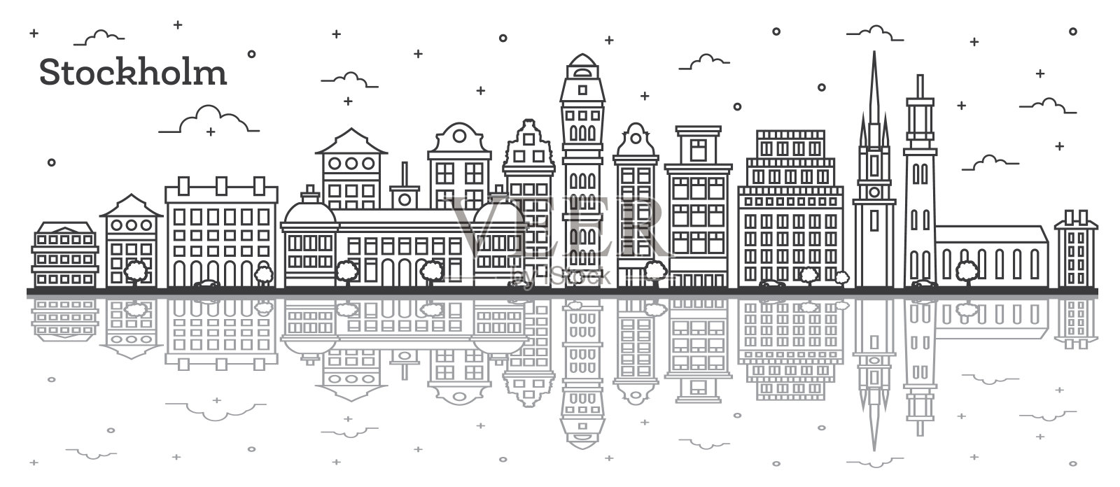 轮廓斯德哥尔摩瑞典城市天际线与历史建筑和反射孤立在白色。插画图片素材