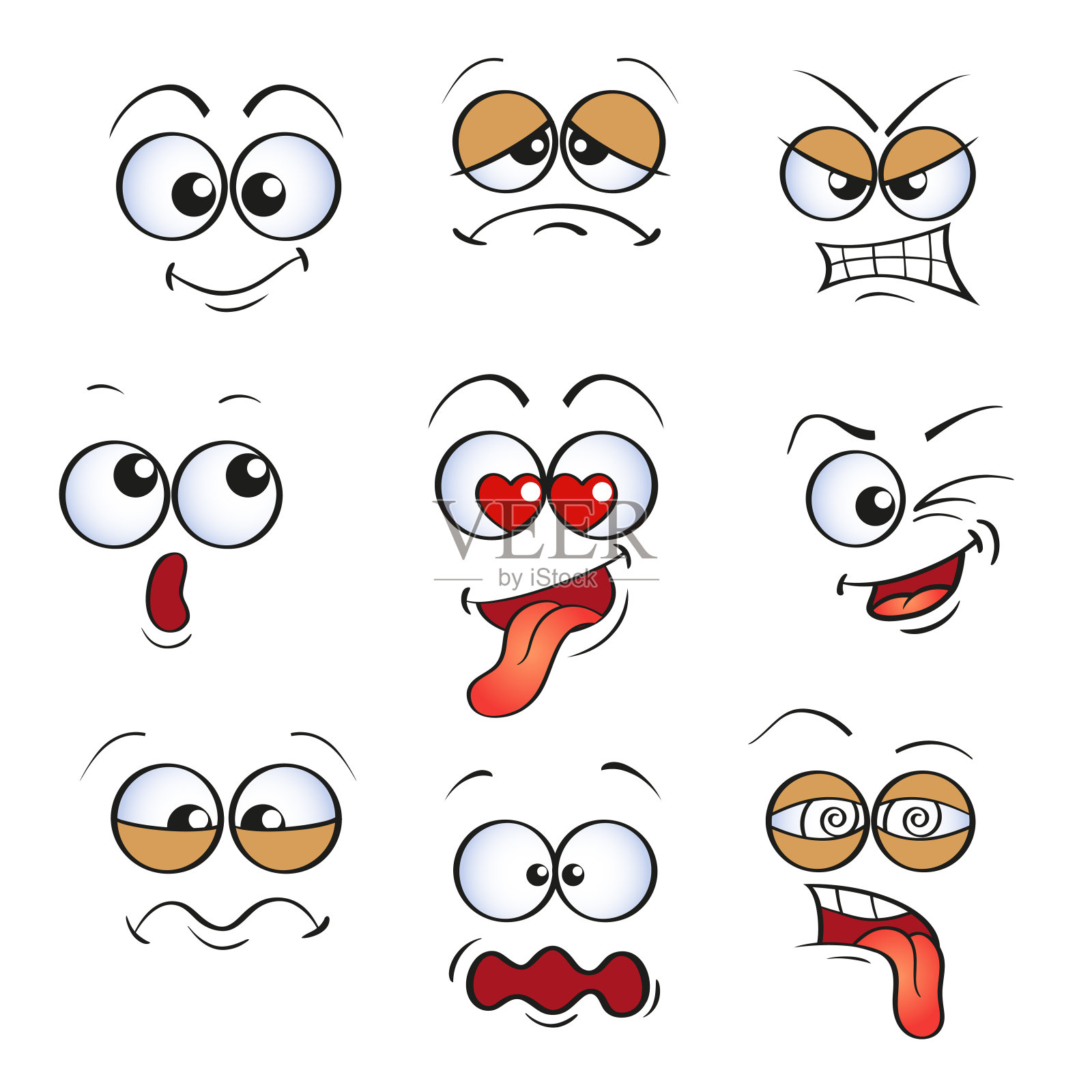 可爱的卡通面孔有着不同的情感。表情符号插画图片素材