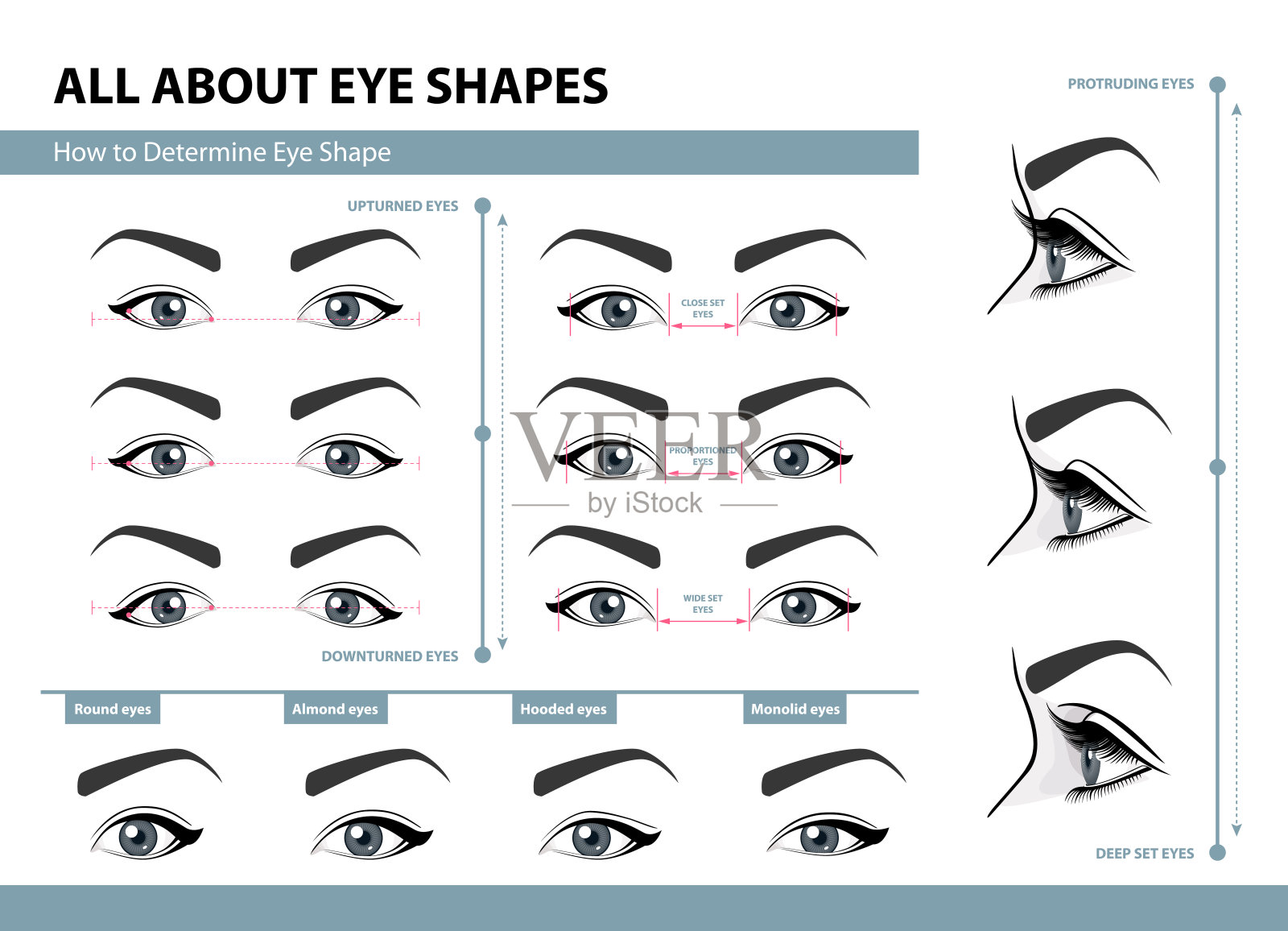 如何确定眼型。不同类型的女性眼睛。一套矢量插图与标题。化妆的模板。培训的海报设计模板素材