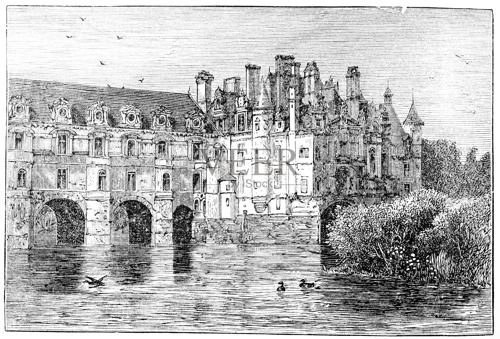 法国舍农索城堡维多利亚时代的版画插画图片素材