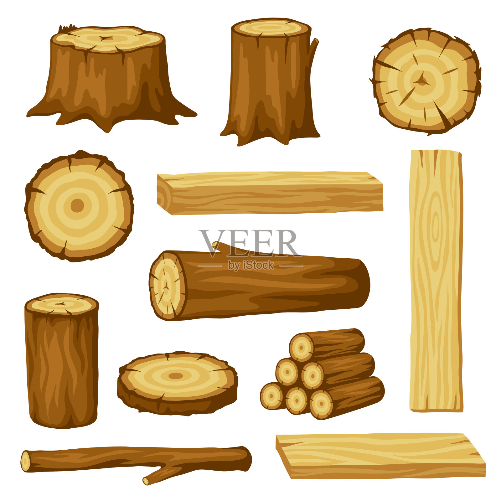 为林业和木材工业的原木集。树干、树桩和木板插图设计元素图片