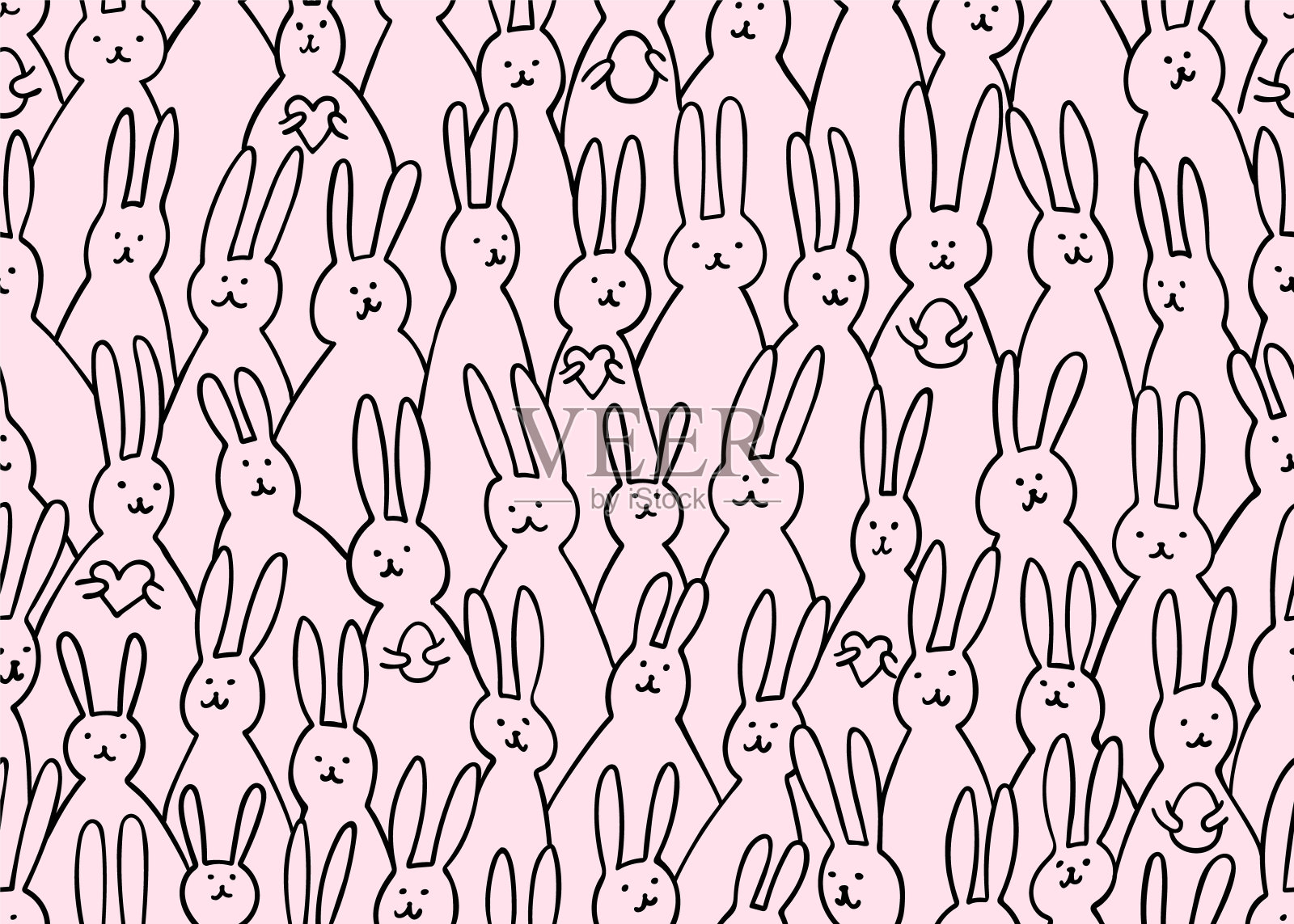 有趣的兔子无缝图案。可爱的复活节兔子的插图与复活节蛋和心。明亮的复活节背景纺织，织物，封面，制造，剪贴簿，壁纸，印刷，礼品包装。矢量图设计元素图片