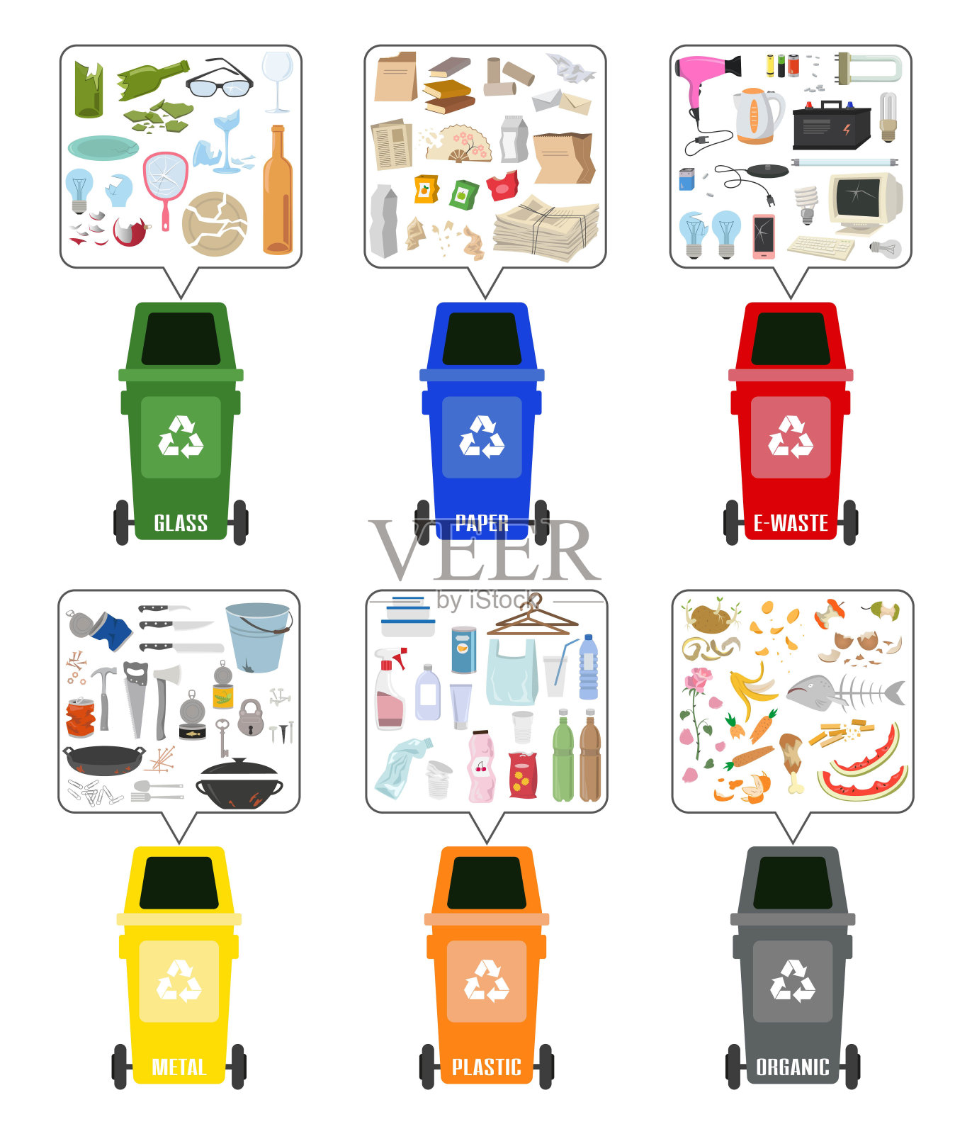 一组彩色垃圾桶，分类后的垃圾在白色背景上。生态学和循环观念。矢量插图。插画图片素材