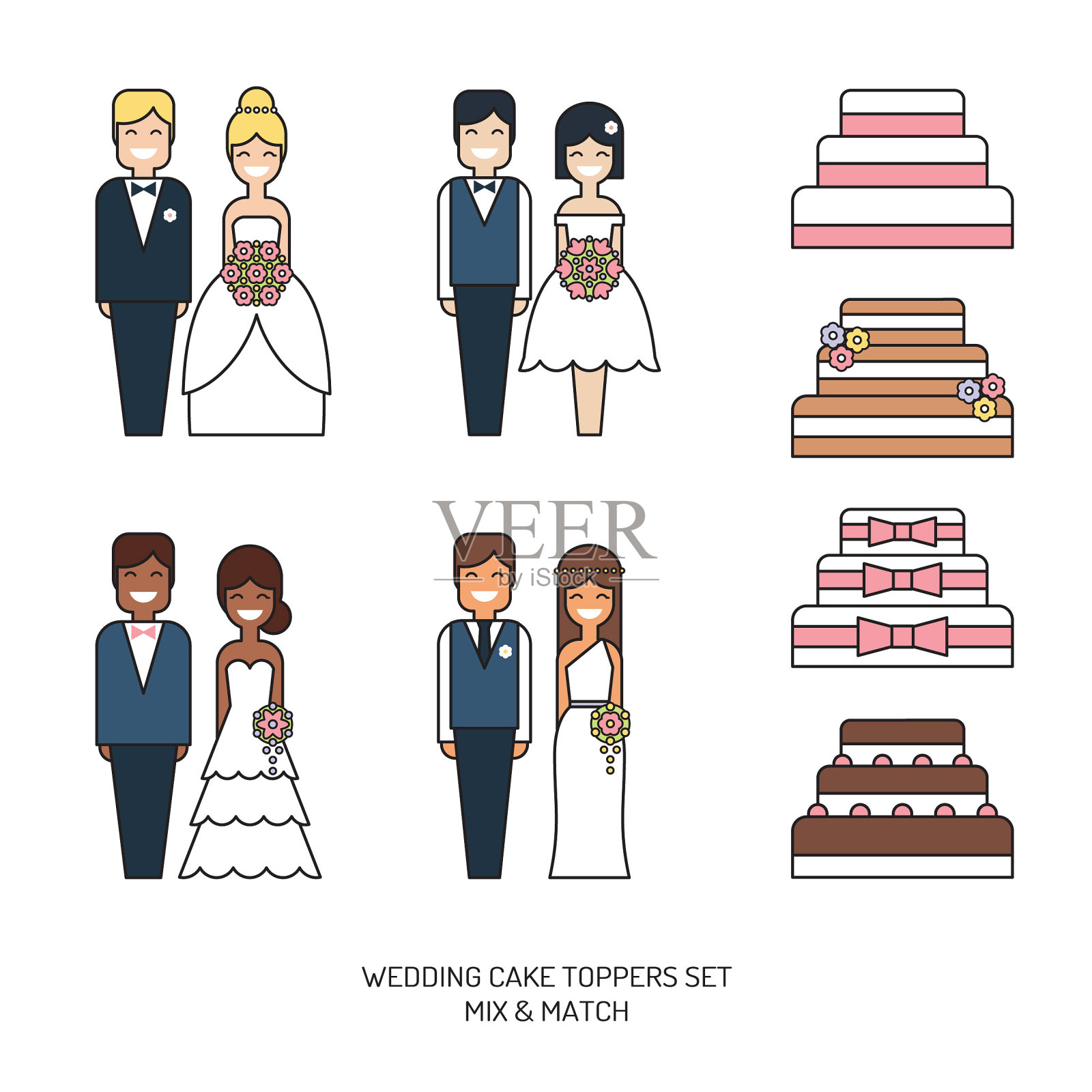 婚礼蛋糕与雕像新娘和新郎toppers矢量图标集插画图片素材