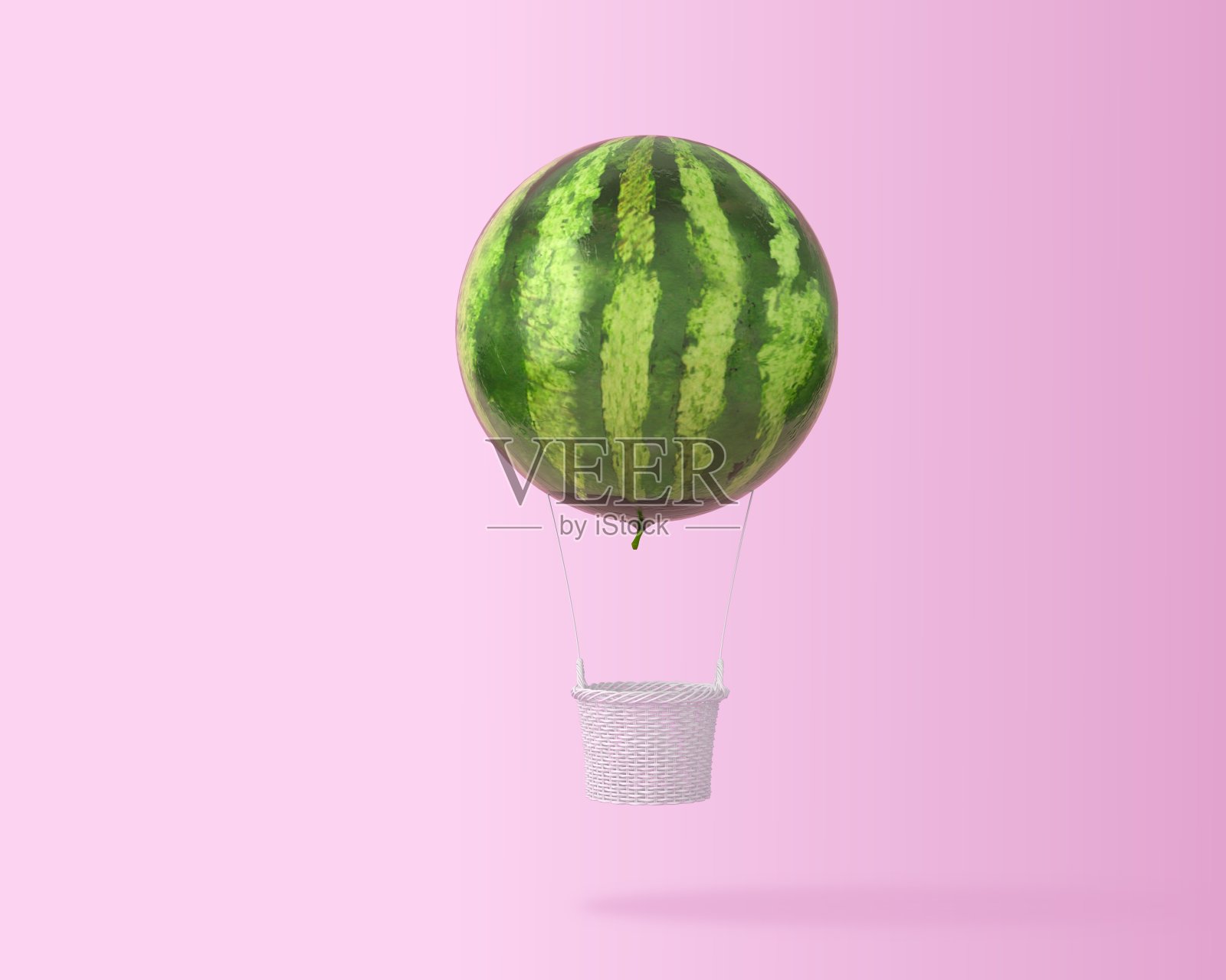 大热气球西瓜概念粉粉背景与文本复制空间。放飞气球的节日快乐。最小的创意概念。照片摄影图片