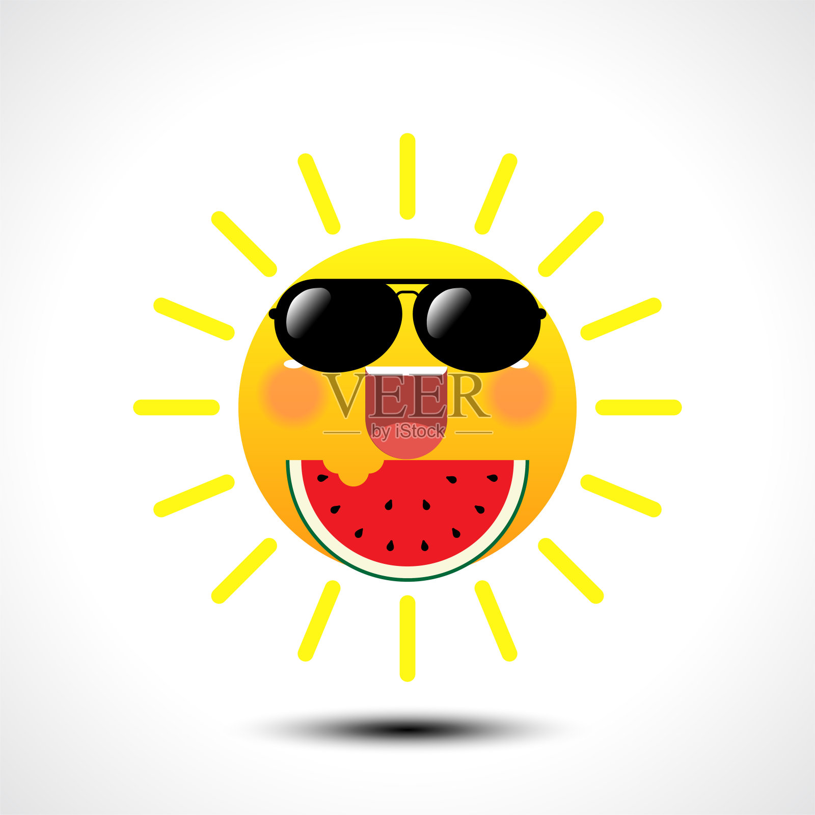 快乐微笑的夏天太阳在太阳镜吃西瓜在白色的背景插画图片素材