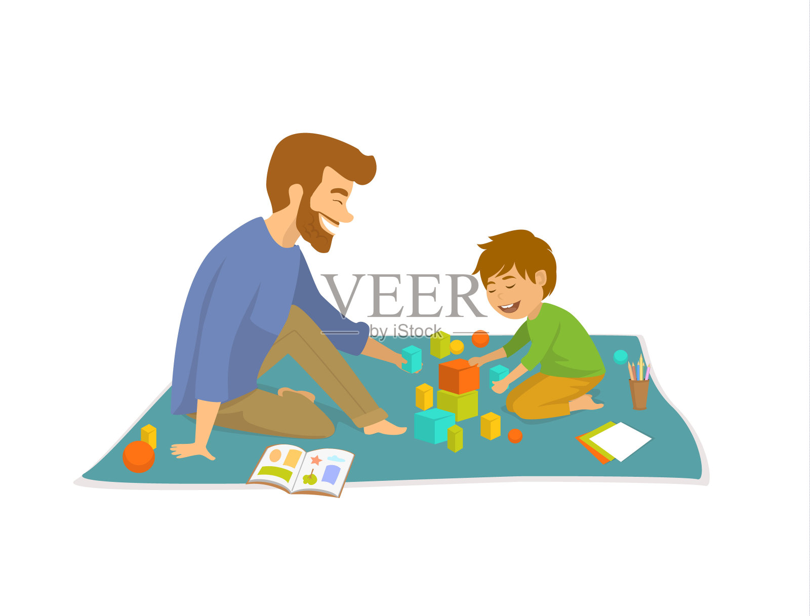 男人和男孩，父亲和儿子在家里玩开发游戏插画图片素材