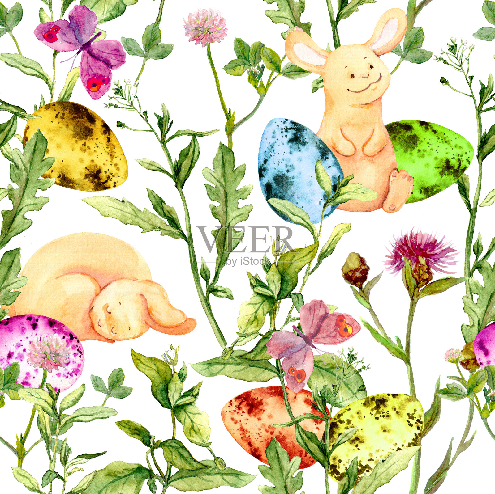复活节兔子，在草和花里涂彩蛋。重复的花复活节背景。水彩插画图片素材