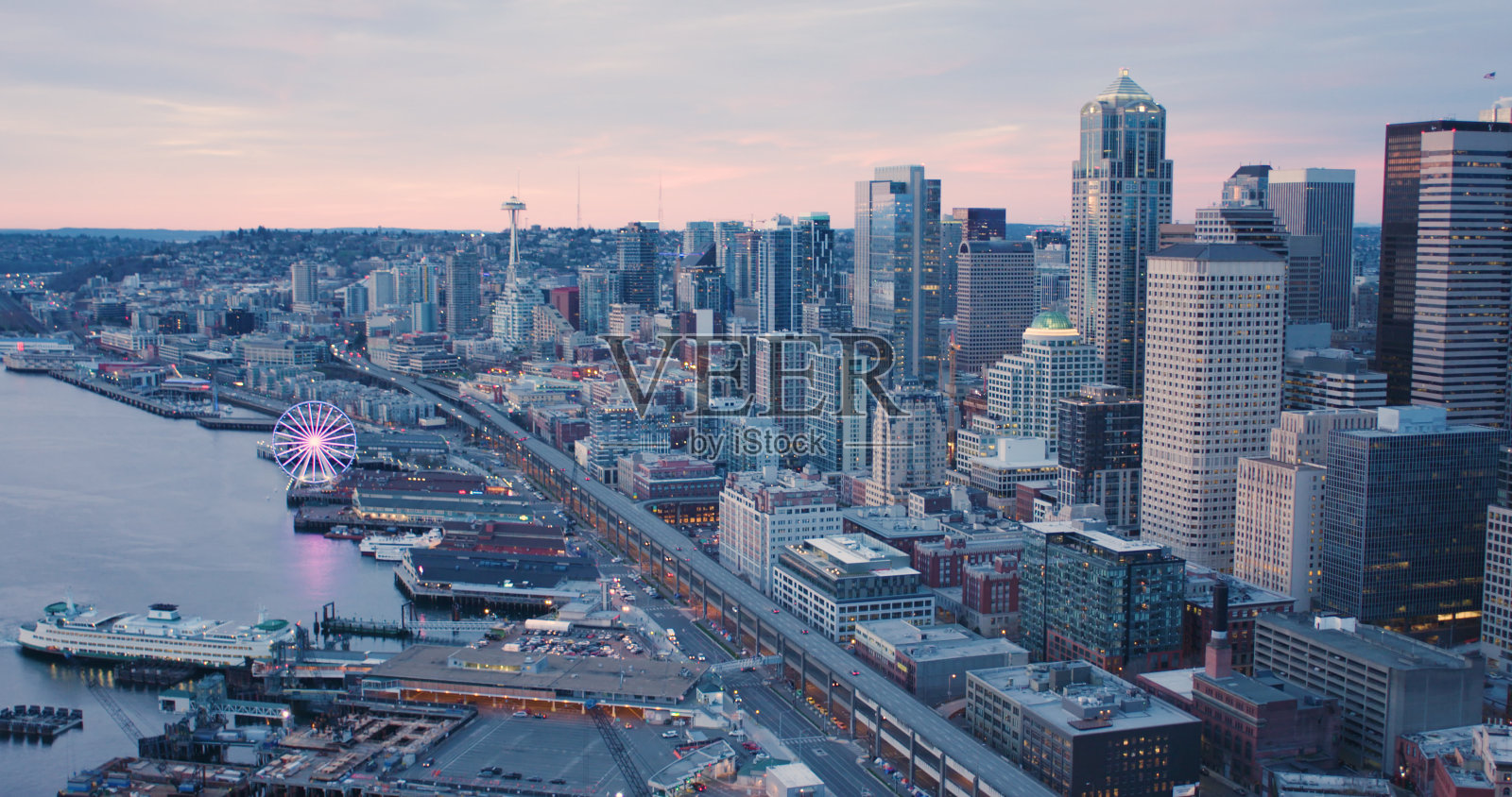 西雅图滨水码头码头市中心建筑日落景观照片摄影图片