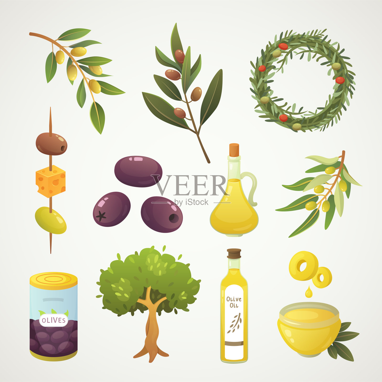 橄榄果实。橄榄油瓶，树枝，树和迷迭香花环矢量插图在卡通风格。插画图片素材