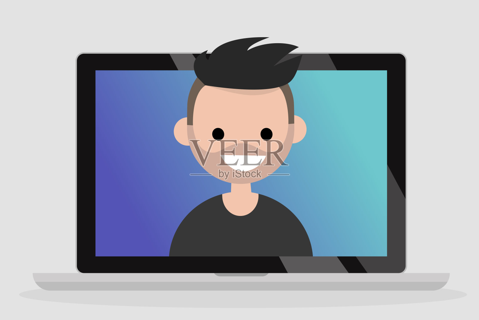 笔记本电脑屏幕上一个微笑的千禧一代男子的肖像。沟通。平面可编辑矢量插图，剪辑艺术插画图片素材