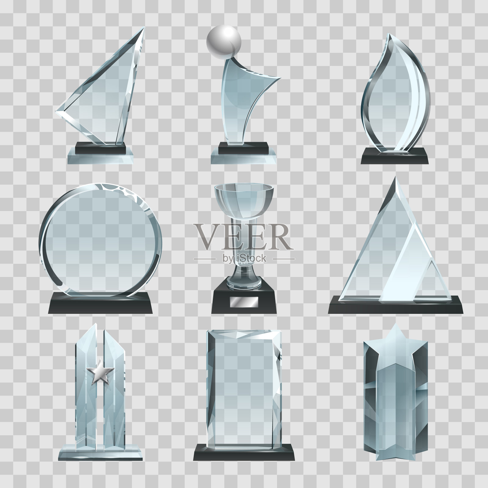 光滑透明的奖杯、奖品和优胜者奖杯。矢量插图图标素材