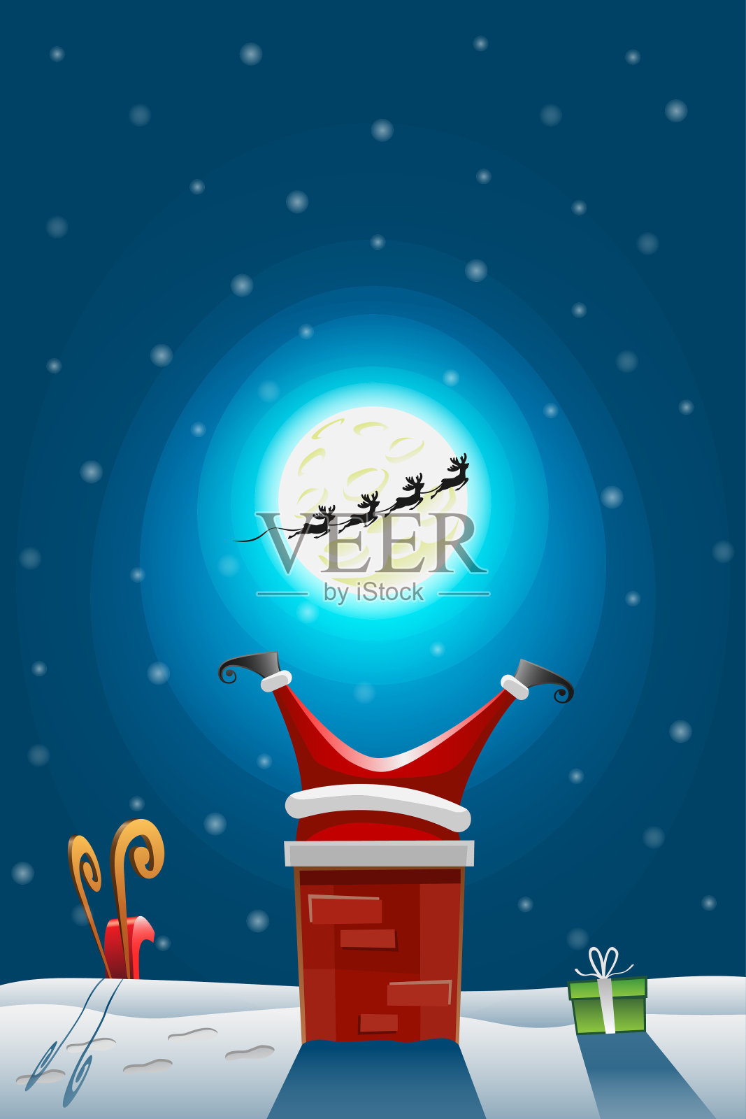 圣诞老人被卡在烟囱里——驯鹿跑掉——雪橇和礼物掉下来插画图片素材