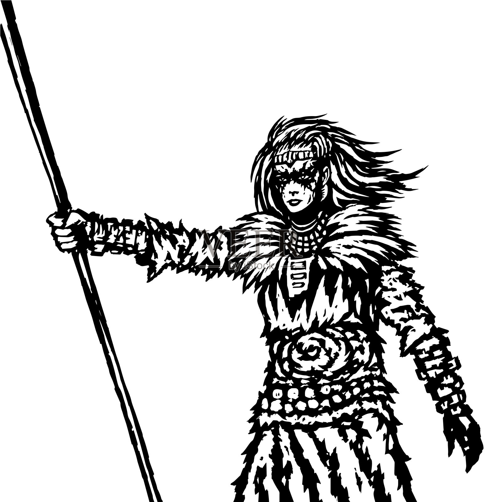 野蛮部落的战士女孩，手持长矛。插画图片素材