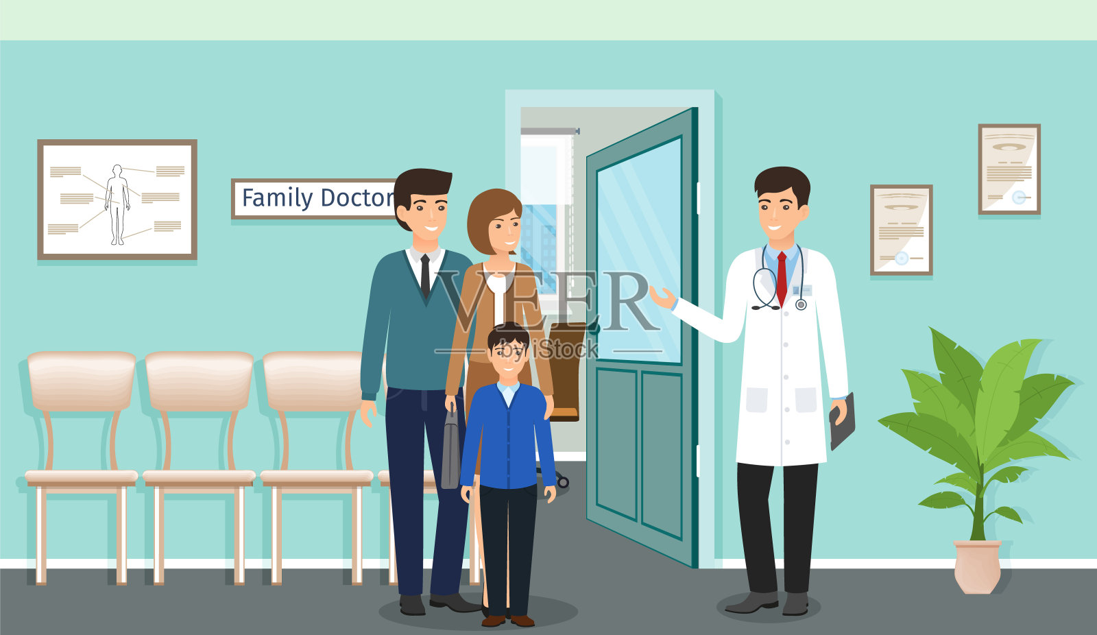 有孩子的家庭在诊所诊所附近看医生。医生在统一和家庭的病人性格插画图片素材