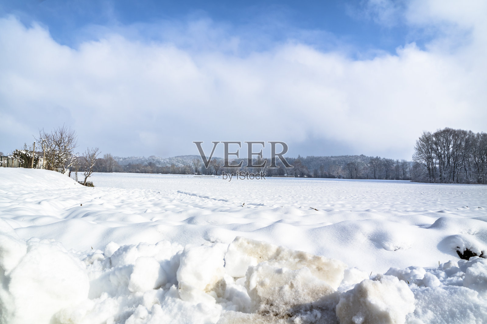 冬天的风景，乡村的雪地和地平线上的树木和山丘照片摄影图片