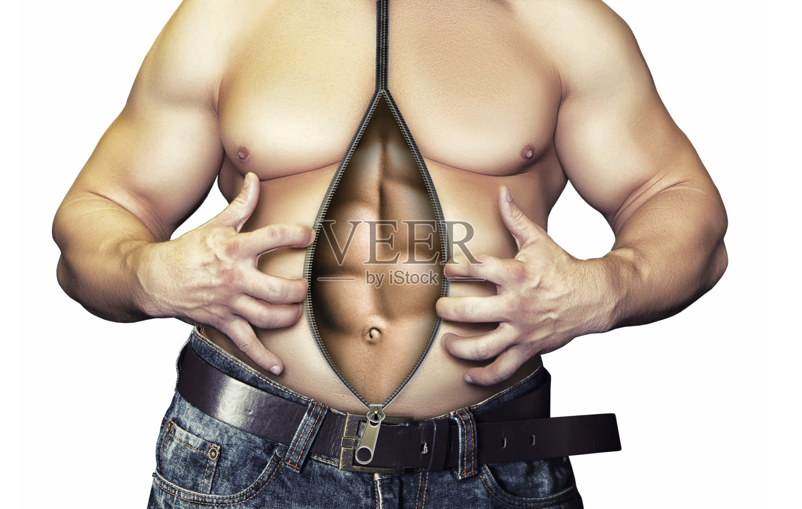 一个胖子的腹部变成了强壮的腹肌照片摄影图片