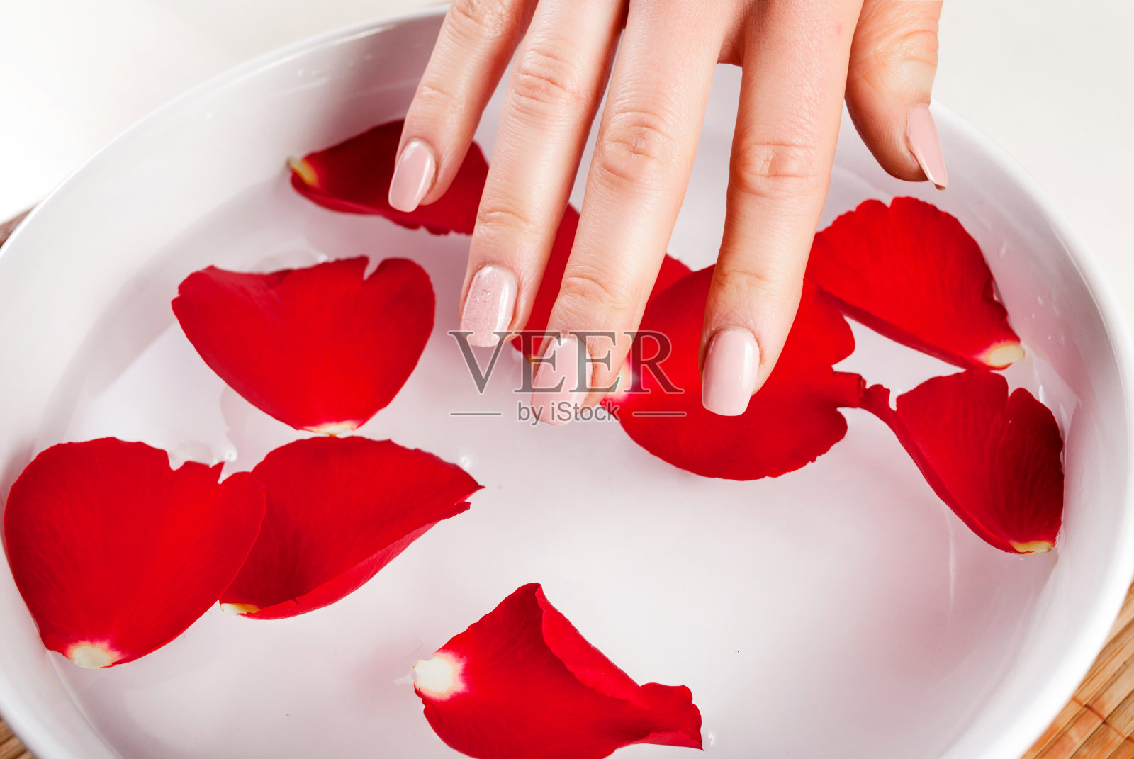 女孩手与自然指甲颜色触摸水与红玫瑰花瓣碗照片摄影图片