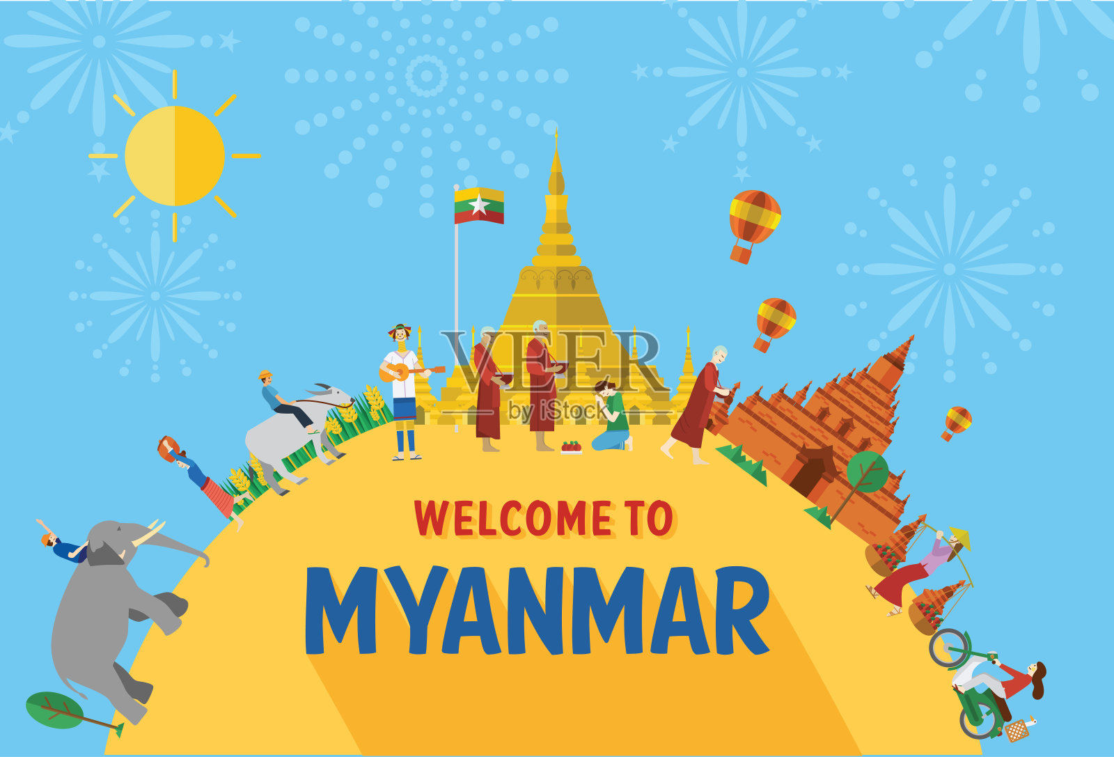 平面设计，缅甸的图标和地标插图，矢量插画图片素材
