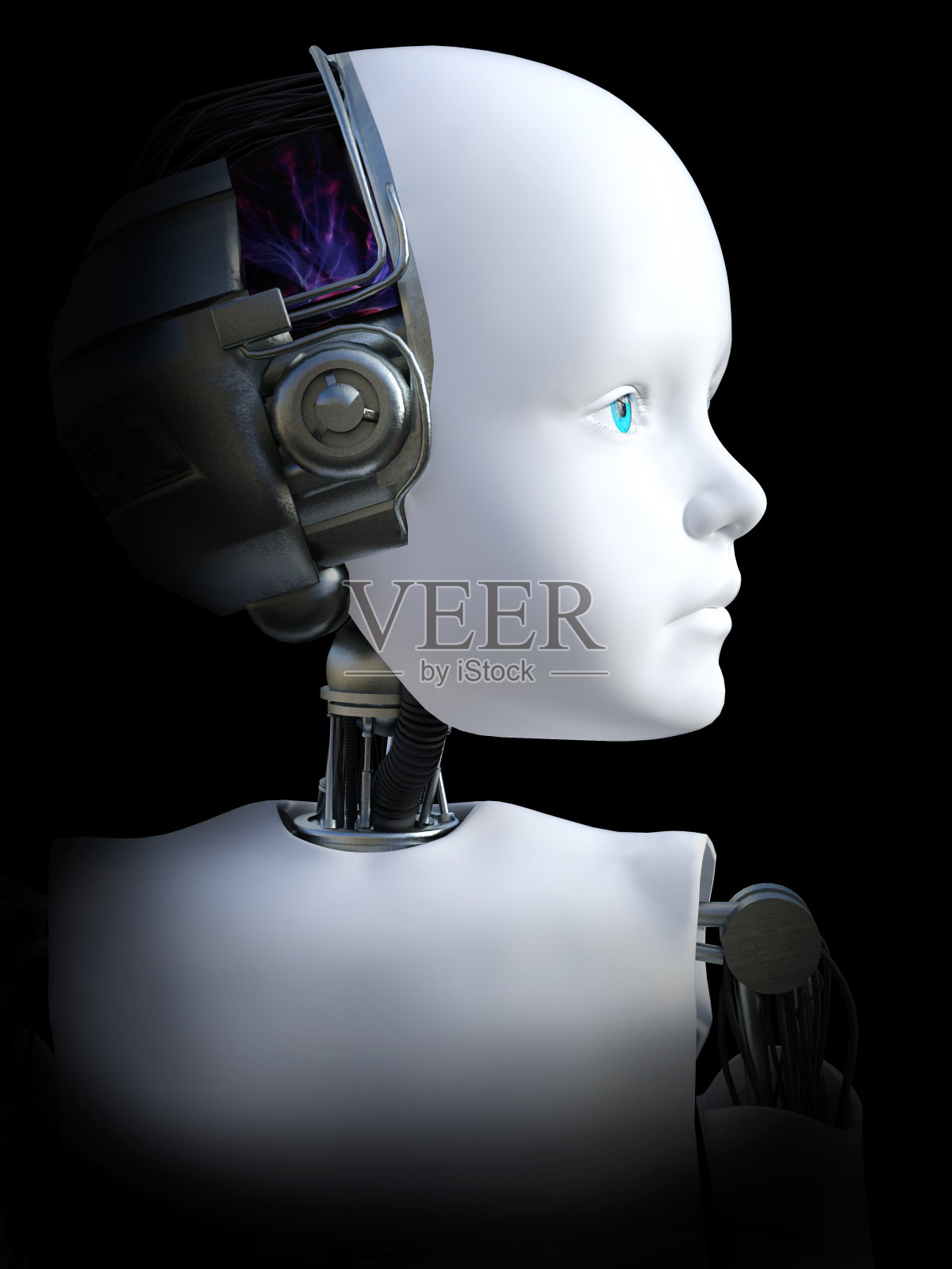 一个机器人儿童头部的3D渲染。照片摄影图片