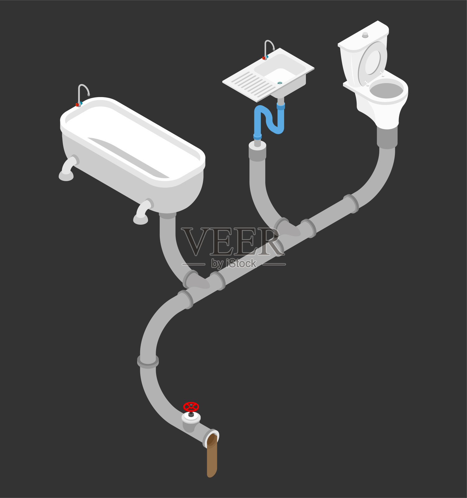 排水系统。利用水源。厕所和浴室。水槽等距风格插画图片素材